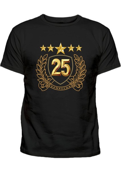 Zeytin Dalı ve Yapraklı 25. Şampiyon 5 Yıldız Kupa Baskılı Pamuklu Yetişkin T-Shirt
