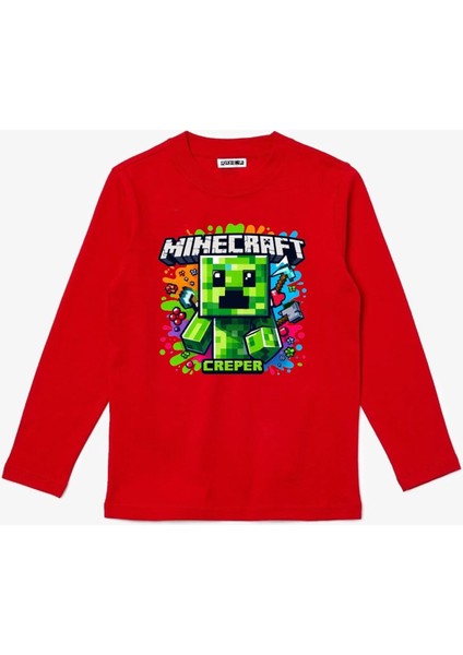Uzun Kollu Mine Craft Creper Karakteri Uzun Kollu Baskılı Çocuk T-Shirt