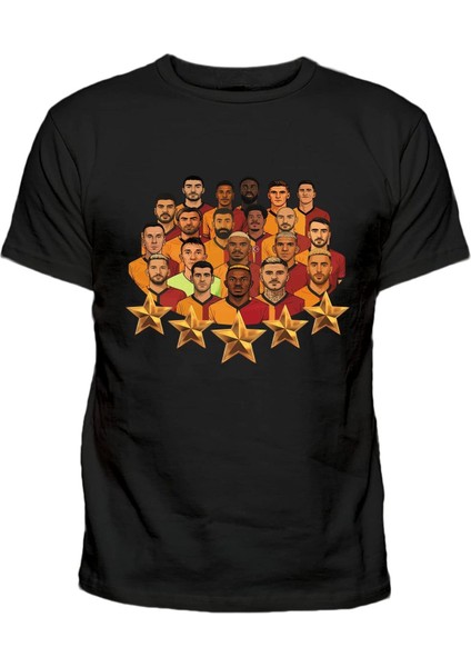 Illustrasyon 5 Yıldız Çizim Baskılı Sarı Kırmızı Şampiyon Ekip Pamuklu Efendioğlu Design T-Shirt