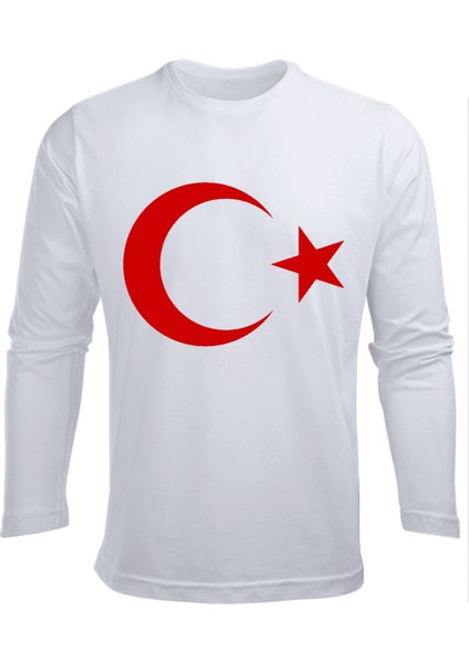 Uzun Kollu Ay-Yıldız Bayrak Baskılı 29 EKİM Baskılı Pamuklu BEYAZ Çocuk Tişört