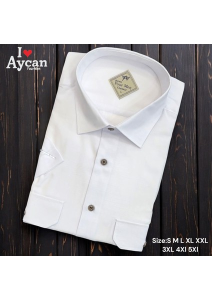 Linen Keten Klasik Kısa Kollu Iki Cepli Kapaklı Beyaz Baba Gömleği (Regular Kalıp)