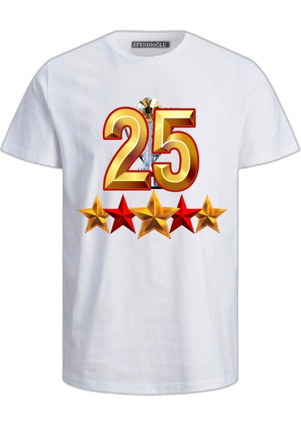 Kupa 25 Altında 5 Yıldız Baskılı Pamuklu Yetişkin Tişört