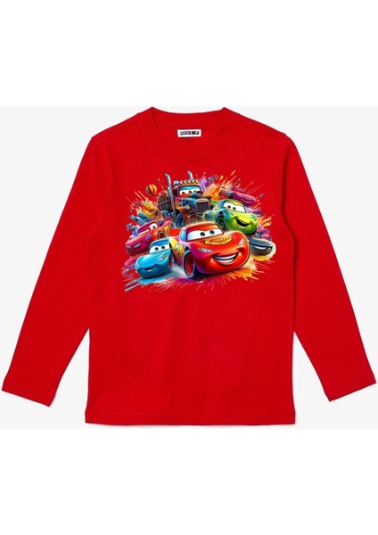 Uzun Kollu Şimşek Mcqueen Arabaları Baskılı Çocuk Pamuklu Tişört