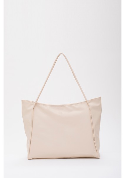 Krem SHK90 Suni Deri Iç Bölmeli Fermuarlı El, Kol ve Omuz Shopper Çanta