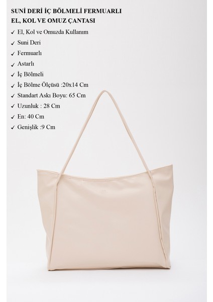 Krem SHK90 Suni Deri Iç Bölmeli Fermuarlı El, Kol ve Omuz Shopper Çanta modelleri