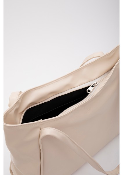 Krem SHK90 Suni Deri Iç Bölmeli Fermuarlı El, Kol ve Omuz Shopper Çanta