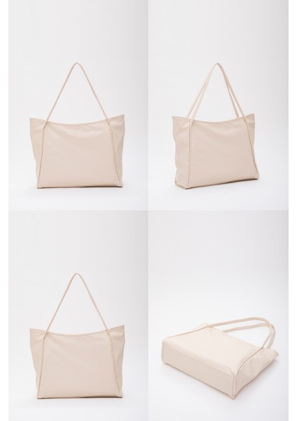 Krem SHK90 Suni Deri Iç Bölmeli Fermuarlı El, Kol ve Omuz Shopper Çanta