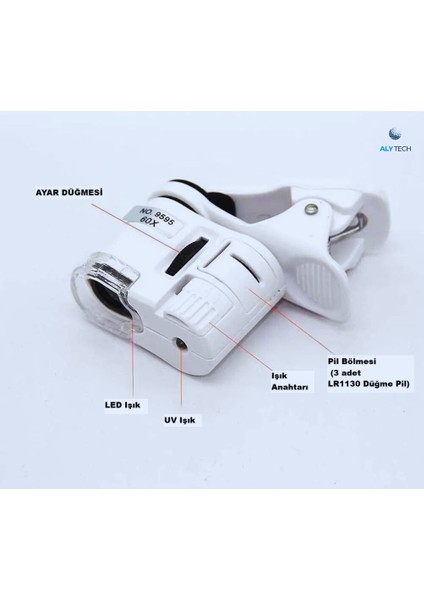 Telefon Uyumlu 60X Mini Büyüteç LED & Uv Işıklı Klipsli