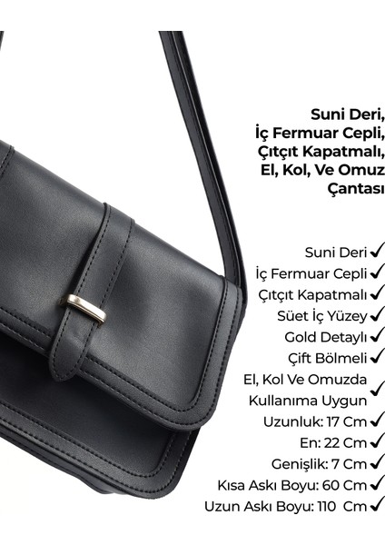 Siyah SHK127 Suni Deri Iç Fermuar Cepli Çıtçıt Kapamalı El,kol ve Omuz Çantası U:17 E:22 G:7 cm