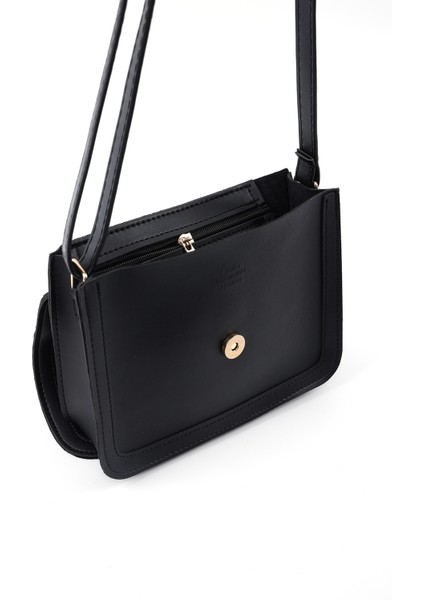 Siyah SHK127 Suni Deri Iç Fermuar Cepli Çıtçıt Kapamalı El,kol ve Omuz Çantası U:17 E:22 G:7 cm