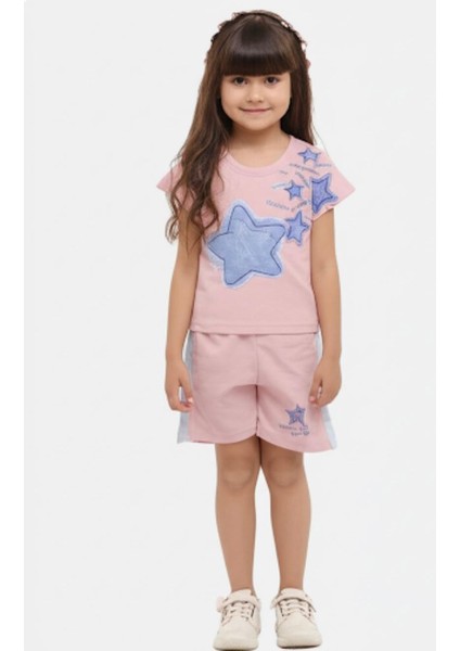 Yıldız Baskılı Kot Desenli Pembe- Mavi Kız Çocuk Pembe Alt-Üst Takım