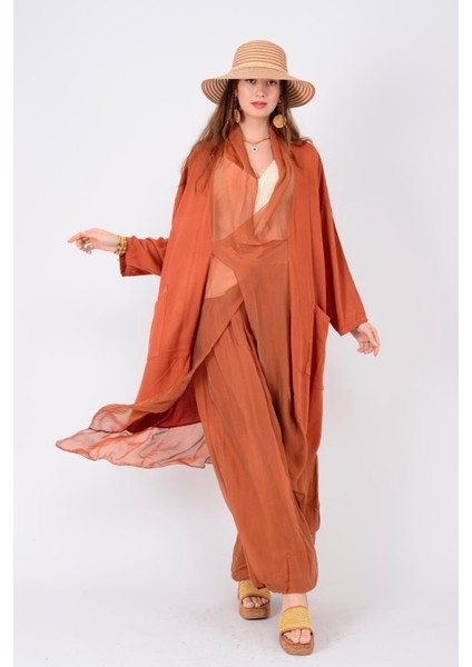 Italyan Ipek Detaylı Oversize Kap Bluz- Wes Pantolon Takım modelleri
