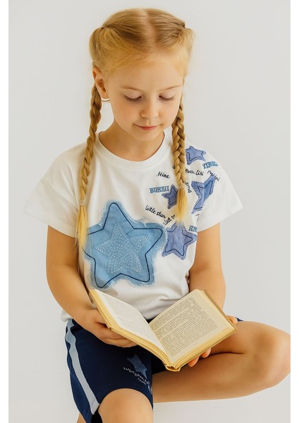 Yıldız Desenli Kot Baskılı Kız Çocuk Beyaz - Mavi Renkli Alt-Üst Takım