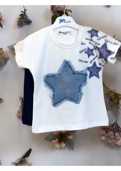Yıldız Desenli Kot Baskılı Kız Çocuk Beyaz - Mavi Renkli Alt-Üst Takım fiyatları