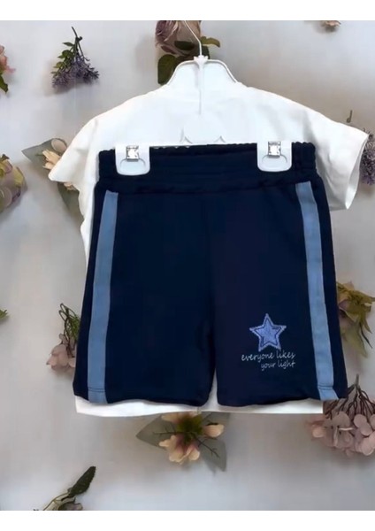 Yıldız Desenli Kot Baskılı Kız Çocuk Beyaz - Mavi Renkli Alt-Üst Takım modelleri