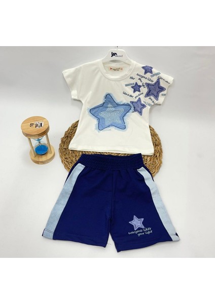 Yıldız Desenli Kot Baskılı Kız Çocuk Beyaz - Mavi Renkli Alt-Üst Takım fırsatları