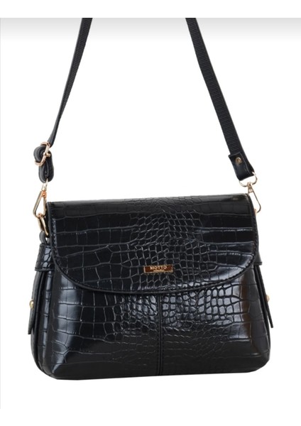 Kroko Deri Siyah Üç Bölmeli Kapağı Mıknatıslı Omuz Çanta modelleri