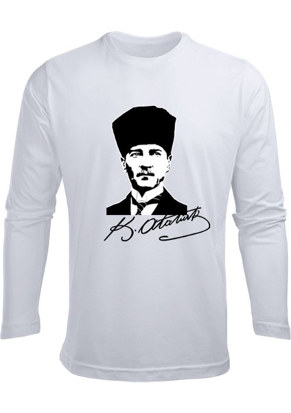 Uzun Kollu Mustafa Kemal Atatürk I?mza Görselli? Çocuk Pamuklu T-Shi?rt