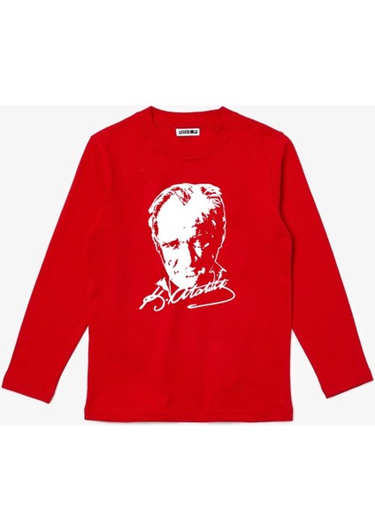 Uzun Kollu Atatürk Silüet ve Imza Baskılı Pamuklu Çocuk Tişört