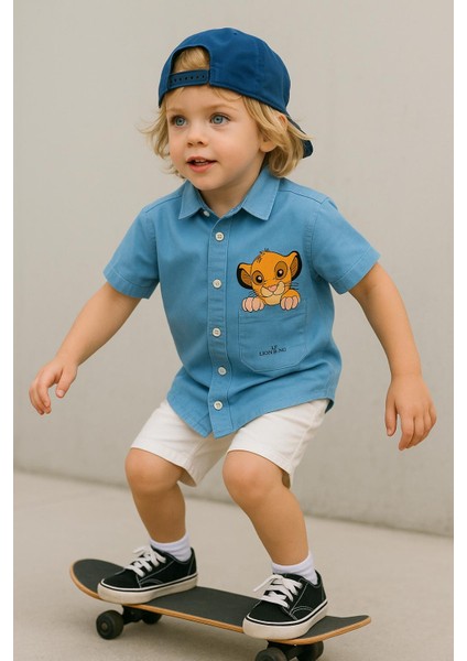 Simba Baskı Desenli Unisex Açık Mavi Düğmeli Gömlek