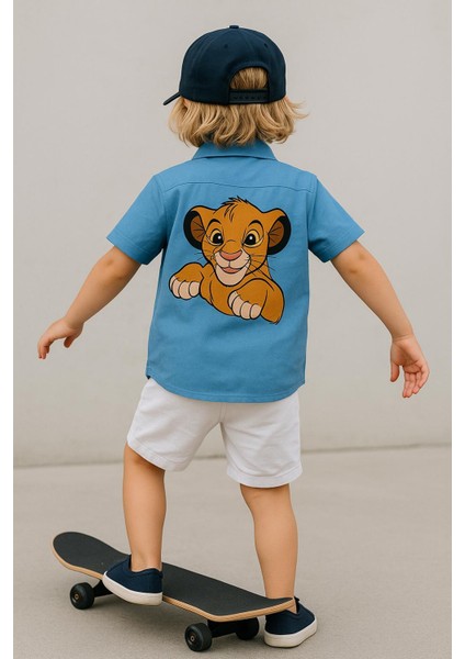 Simba Baskı Desenli Unisex Açık Mavi Düğmeli Gömlek fiyatları