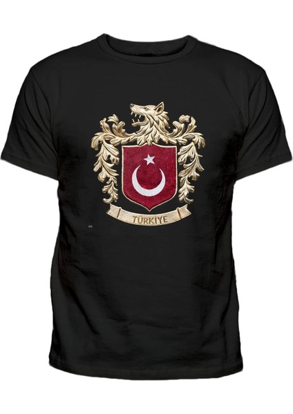 Türkiye Büyük Bozkurt Logo Baskılı Siyah Tişört