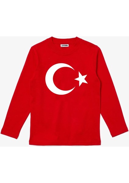 Uzun Kollu Ay-Yıldız Bayrak Baskılı 29 EKİM Baskılı Pamuklu Çocuk Tişört