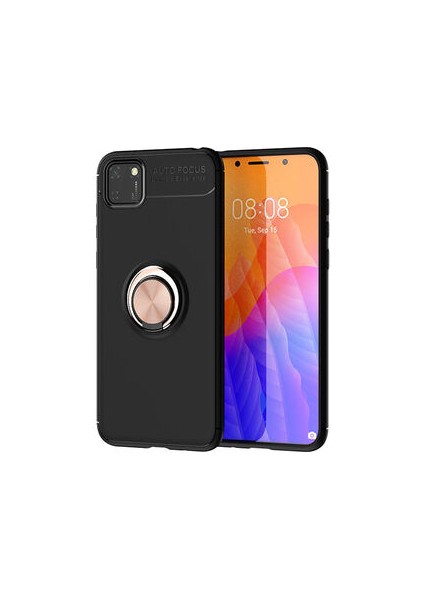 Huawei Y5P Kılıf Metal Stant Olabilen Yüzüklü Flexring Premium Silikon Kılıf