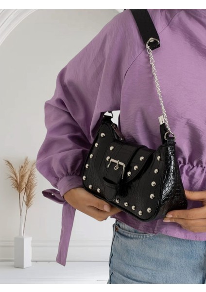 Zımbalı Timsah Desenli Siyah El ve Omuz Çanta