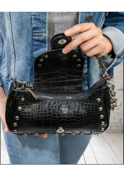 Zımbalı Timsah Desenli Siyah El ve Omuz Çanta fiyatları