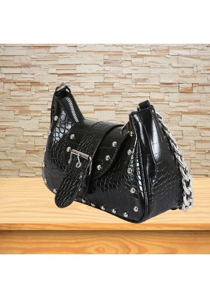 Zımbalı Timsah Desenli Siyah El ve Omuz Çanta fırsatları