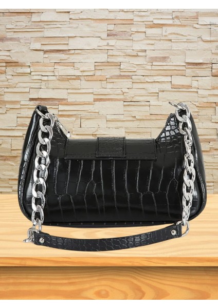 Zımbalı Timsah Desenli Siyah El ve Omuz Çanta indirimleri