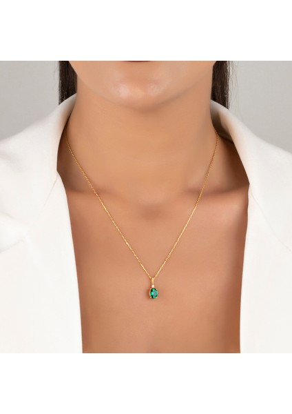 925 Ayar Gümüş Gerçek Pırlantalı Oval Zümrüt Kolye, Kadınlar Için Doğum Günü Veya Özel Gün Hediyesi