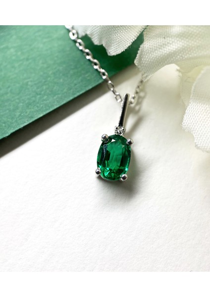 925 Ayar Gümüş Gerçek Pırlantalı Oval Zümrüt Kolye, Kadınlar Için Doğum Günü Veya Özel Gün Hediyesi