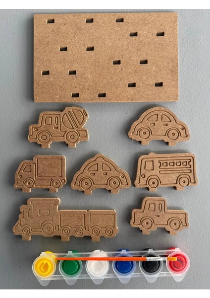 8 Parça Ahşap Araçlar Boyama Seti. Okul Öncesi Boyama Aktivitesi. modelleri