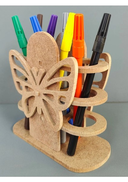 Ahşap Kelebek Desenli Boyanabilir Dekoratif Kalemlik Ham Mdf