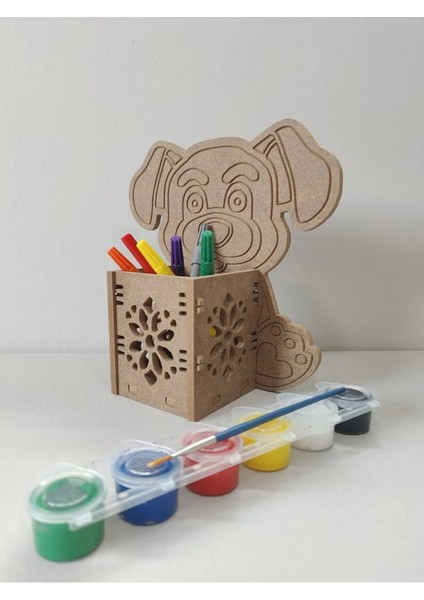 Ahşap Köpek Tasarımlı Kalemlik / Boyama Seti ve Fırça