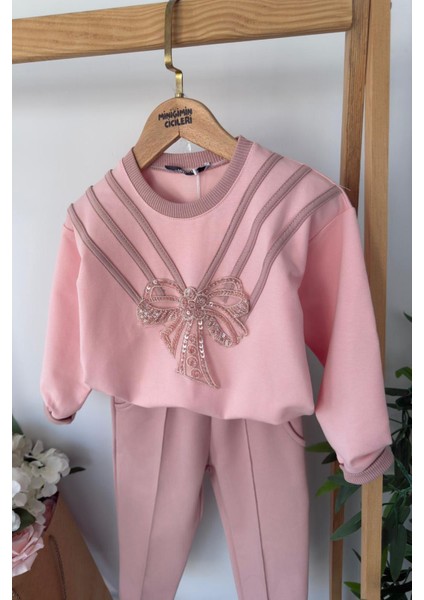 Taşlı Fiyonk Detaylı Kız Çocuk 2’li Takım - Gül Kurusu fiyatları