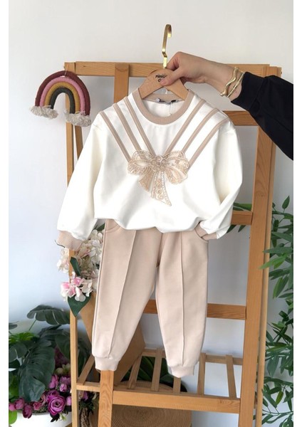 Taşlı Fiyonk Detaylı Kız Çocuk 2’li Takım - Krem