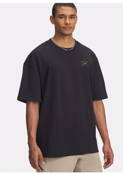 6005668-001-UA Hwt Woven Label Ss Siyah Bisiklet Yaka Normal Baskılı Erkek T-Shirt