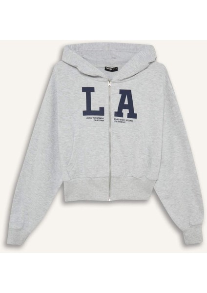 Coool Cropped Fit Kapüşonlu Baskılı Fermuarlı Sweatshirt