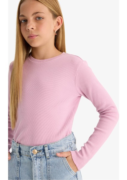 Kız Çocuk Okula Dönüş Slim Fit Dar Kesim Bisiklet Yaka Fitilli Kaşkorse 2'li Uzun Kollu Tişört indirimleri