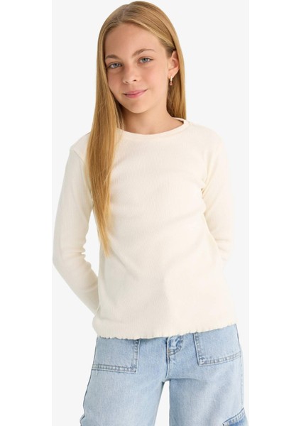 Kız Çocuk Okula Dönüş Slim Fit Dar Kesim Bisiklet Yaka Fitilli Kaşkorse 2'li Uzun Kollu Tişört