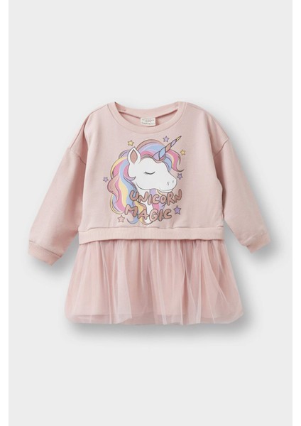 Kız Bebek Unicorn Baskılı Uzun Kollu Tül Elbise