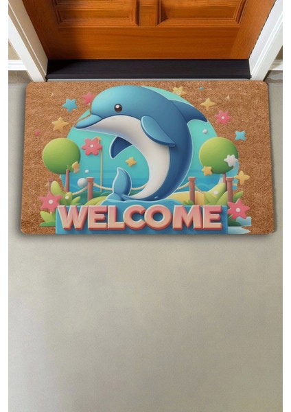 Sevimli Yunus Balığı ve Yıldızlı Welcome Kapı Önü Paspası 45X70CM fiyatları