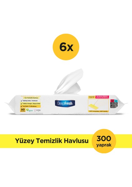 Iz Bırakmaz Mop Uyumlu Yer Temizleme Havlusu 50 Yaprak 6 Adet | Limonyağlı | Karbonat, Beyaz Sirke