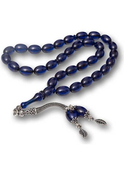 Gümüş Püsküllü Lacivert Sıkma Kehribar Tesbih