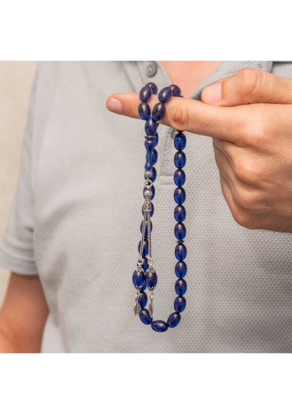 Gümüş Püsküllü Lacivert Sıkma Kehribar Tesbih modelleri