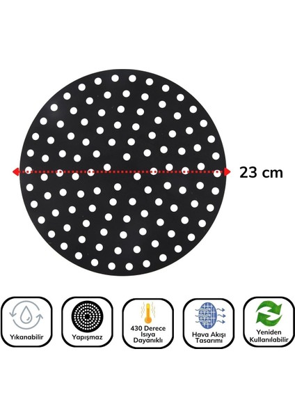 Siyah Isıya Dayanıklı Yıkanılabilir Silikon Fırın ve Airfryer Yuvarlak Model Pişirme Matı 23 cm
