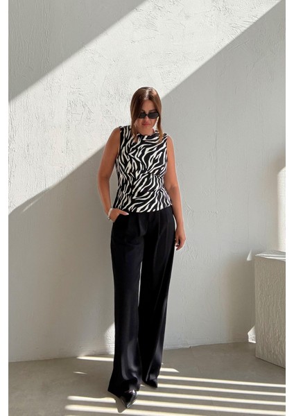 Siyah Gold Düğmeli Palazzo Pantolon